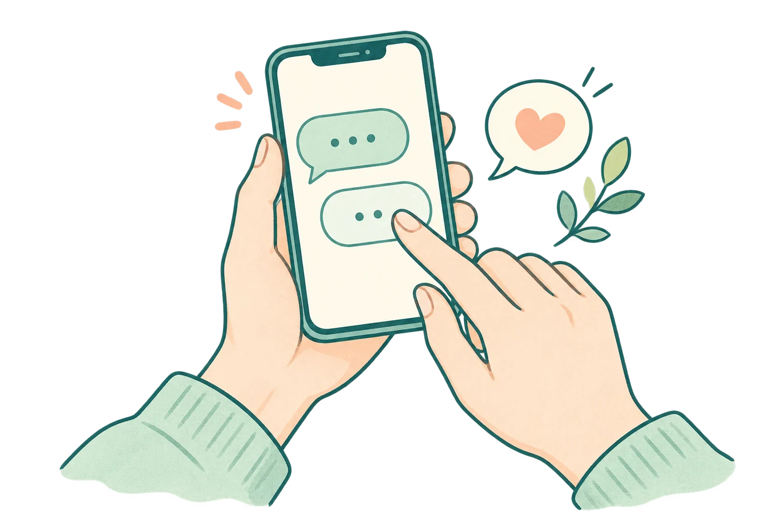スマートフォンで気軽にメッセージを送る手元のイラスト